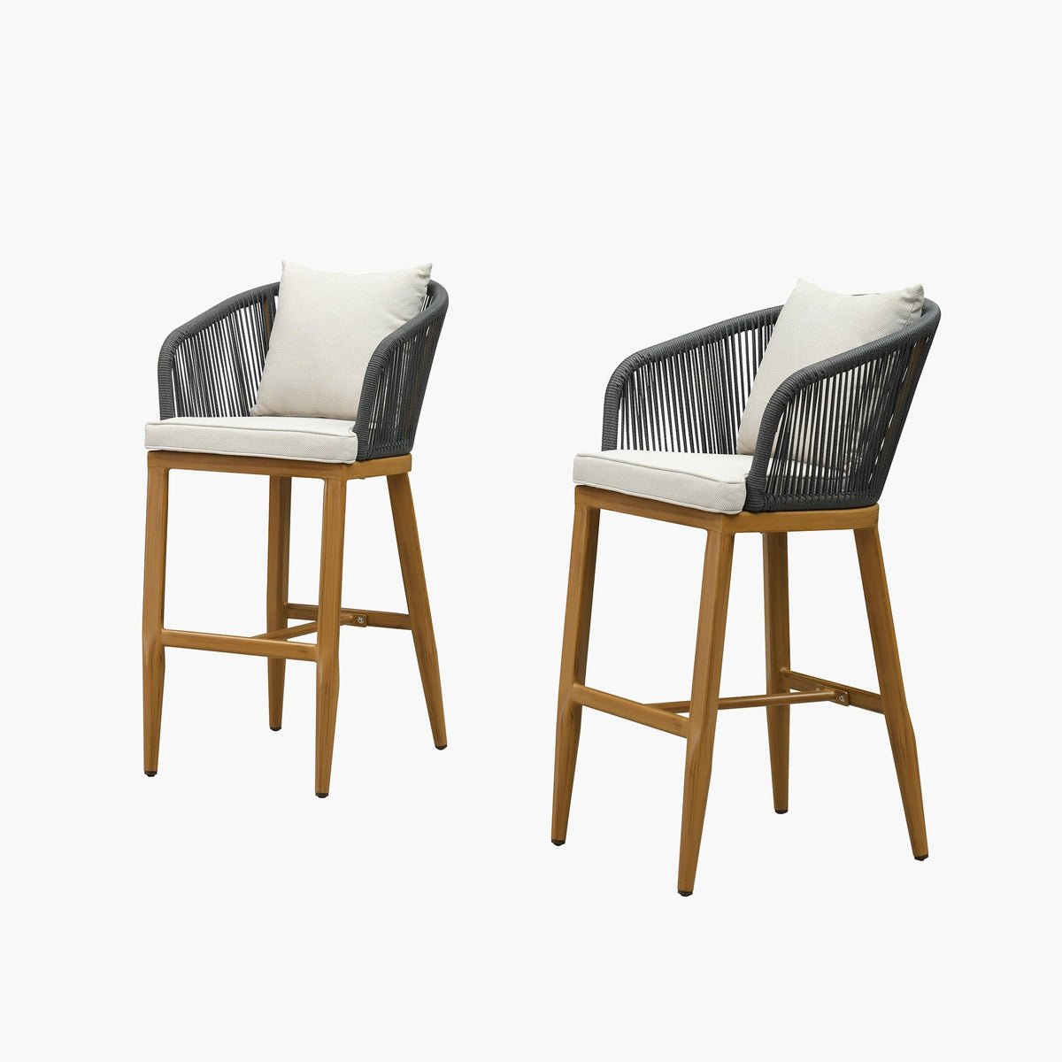 PURPLE LEAF – Tabourets de bar modernes extérieurs en aluminium et rotin avec dossier haut, accoudoirs, coussins et oreillers amovibles