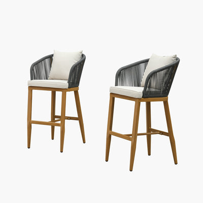 PURPLE LEAF – Tabourets de bar modernes extérieurs en aluminium et rotin avec dossier haut, accoudoirs, coussins et oreillers amovibles