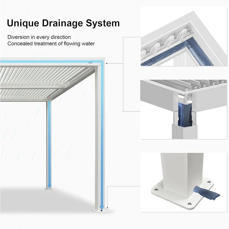 PURPLE LEAF Athena – Pergola extérieure blanche en aluminium à lames orientables avec store enrouleur uni et toit réglable
