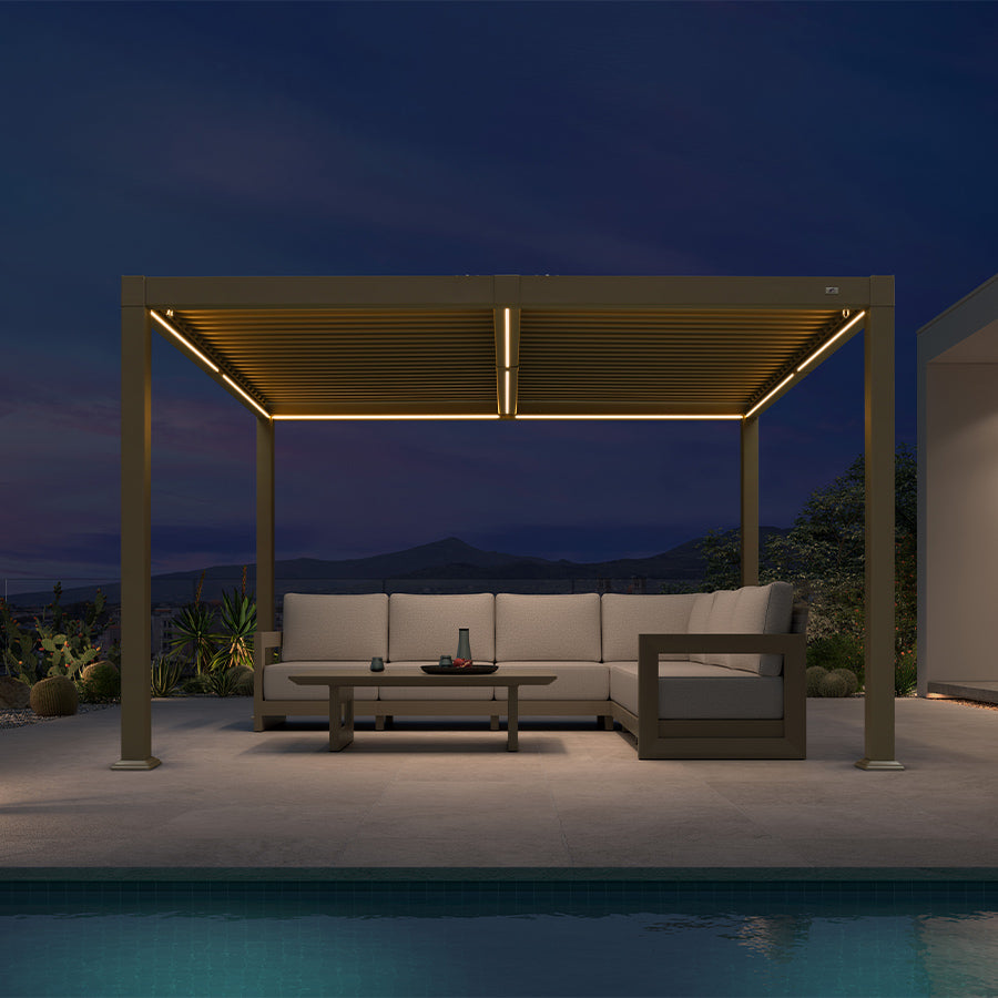 PURPLE LEAF Caesar – Pergola solaire extérieure en aluminium à lames orientables avec rubans LED, panneau de commande et toit réglable, Champagne