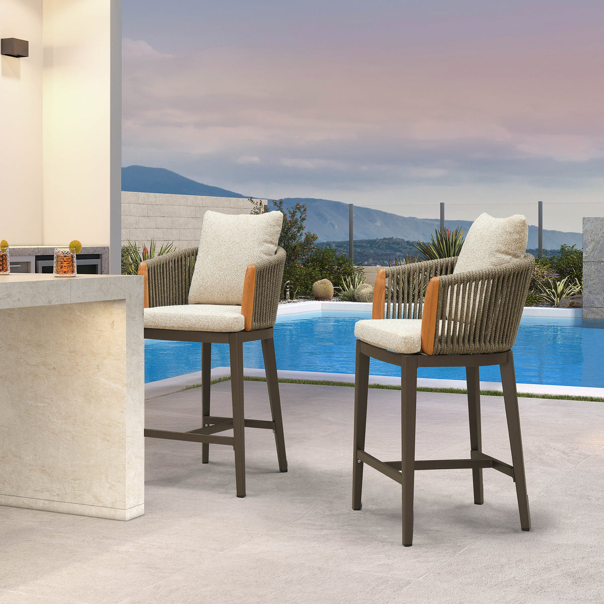PURPLE LEAF Hailar – Tabouret de bar extérieur moderne en rotin avec dossier et coussin pour balcon, intérieur, extérieur ou îlot de cuisine
