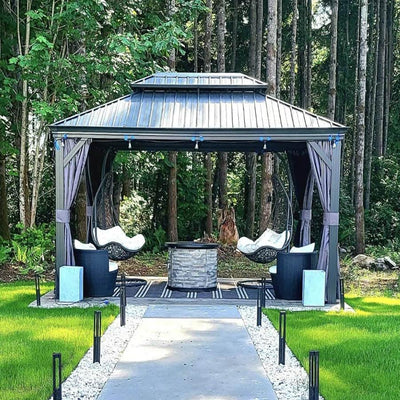 PURPLE LEAF – Pavillon de terrasse pour jardin, toit rigide gris en acier galvanisé avec rideau amélioré