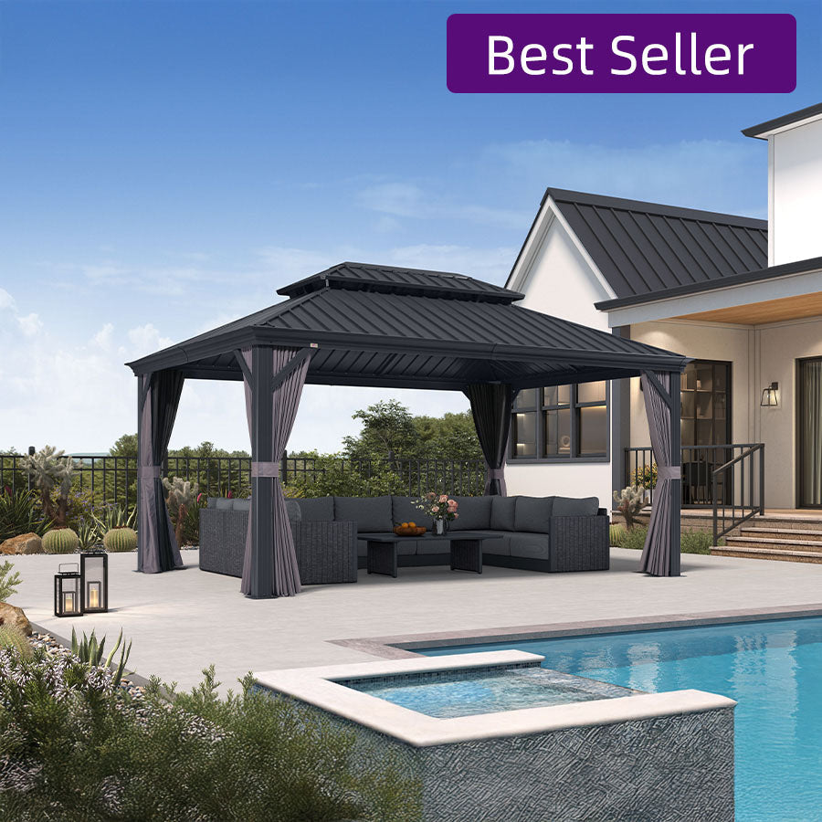 PURPLE LEAF – Pavillon de terrasse pour jardin, toit rigide gris en acier galvanisé avec rideau amélioré