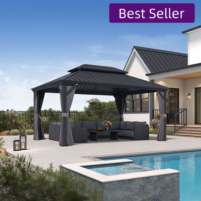 PURPLE LEAF – Pavillon de terrasse pour jardin, toit rigide gris en acier galvanisé avec rideau amélioré