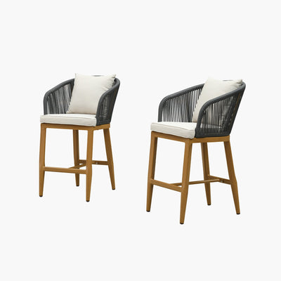 PURPLE LEAF – Tabourets de bar modernes extérieurs en aluminium et rotin avec dossier haut, accoudoirs, coussins et oreillers amovibles