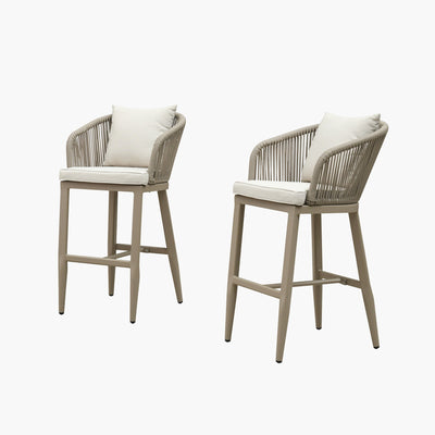 PURPLE LEAF – Tabourets de bar modernes extérieurs en aluminium et rotin avec dossier haut, accoudoirs, coussins et oreillers amovibles