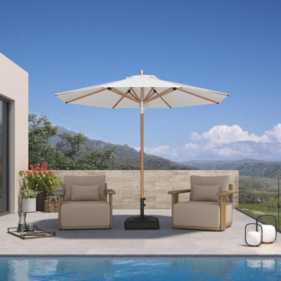 PURPLE LEAF – Parasol de marché extérieur Premium avec structure en aluminium finition teck et mécanisme de levage par corde et poulie