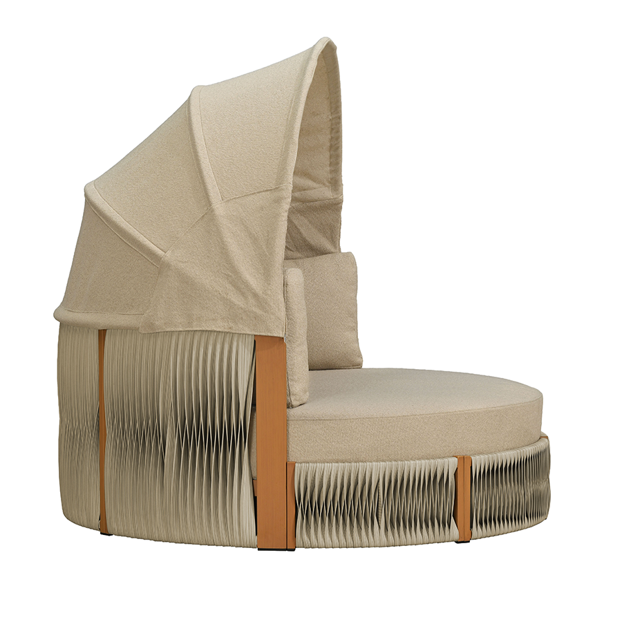 PURPLE LEAF – Lit de repos rond extérieur avec auvent réglable, tissu oléfine, coussins épais et structure en aluminium toutes saisons