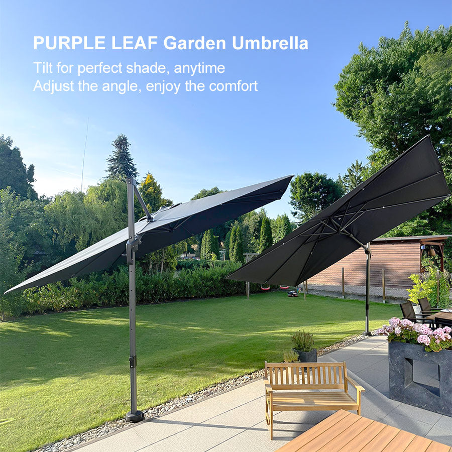 PURPLE LEAF – Parasol de terrasse déporté avec inclinaison latérale, base, support et rotation 360°