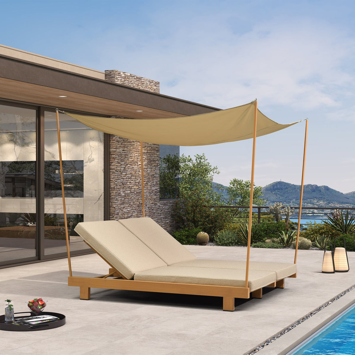 PURPLE LEAF – Lit de repos extérieur haut de gamme avec coussin, tissu mélangé oléfine et structure en aluminium pour terrasse et piscine