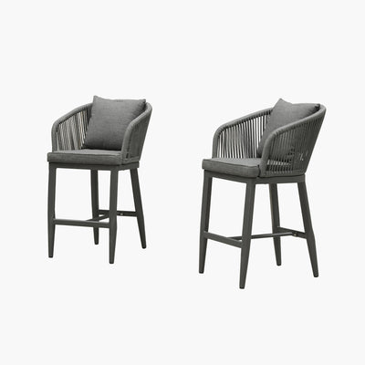 PURPLE LEAF – Tabourets de bar modernes extérieurs en aluminium et rotin avec dossier haut, accoudoirs, coussins et oreillers amovibles