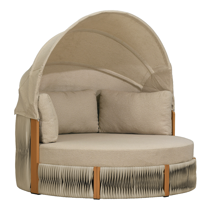 PURPLE LEAF – Lit de repos rond extérieur avec auvent réglable, tissu oléfine, coussins épais et structure en aluminium toutes saisons