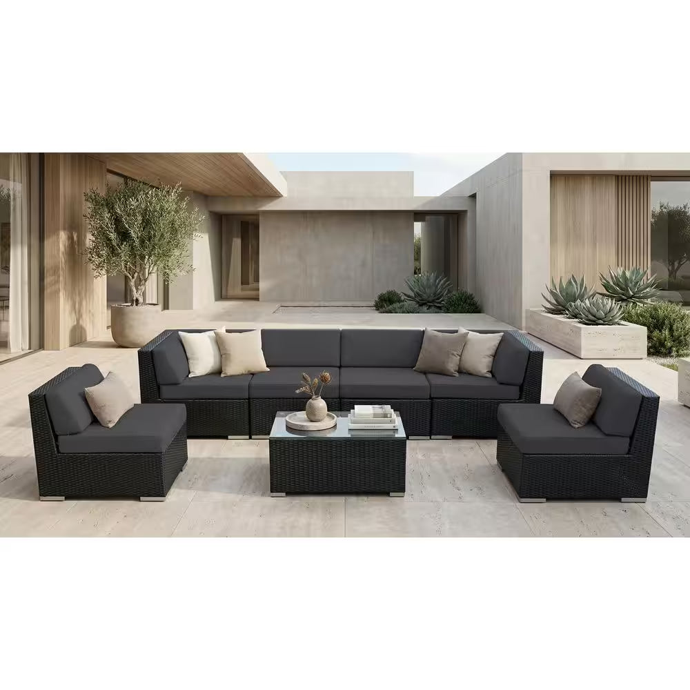 Ensemble salon de terrasse en résine tressée noire 7 pièces avec coussins Sunbrella Coal