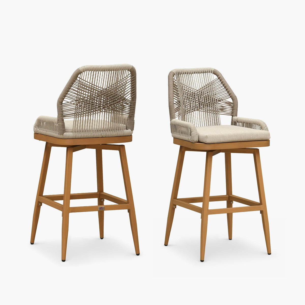 PURPLE LEAF – Lot de 2 tabourets de bar extérieurs pivotants 360° en résine tressée toutes saisons avec dossier et coussin