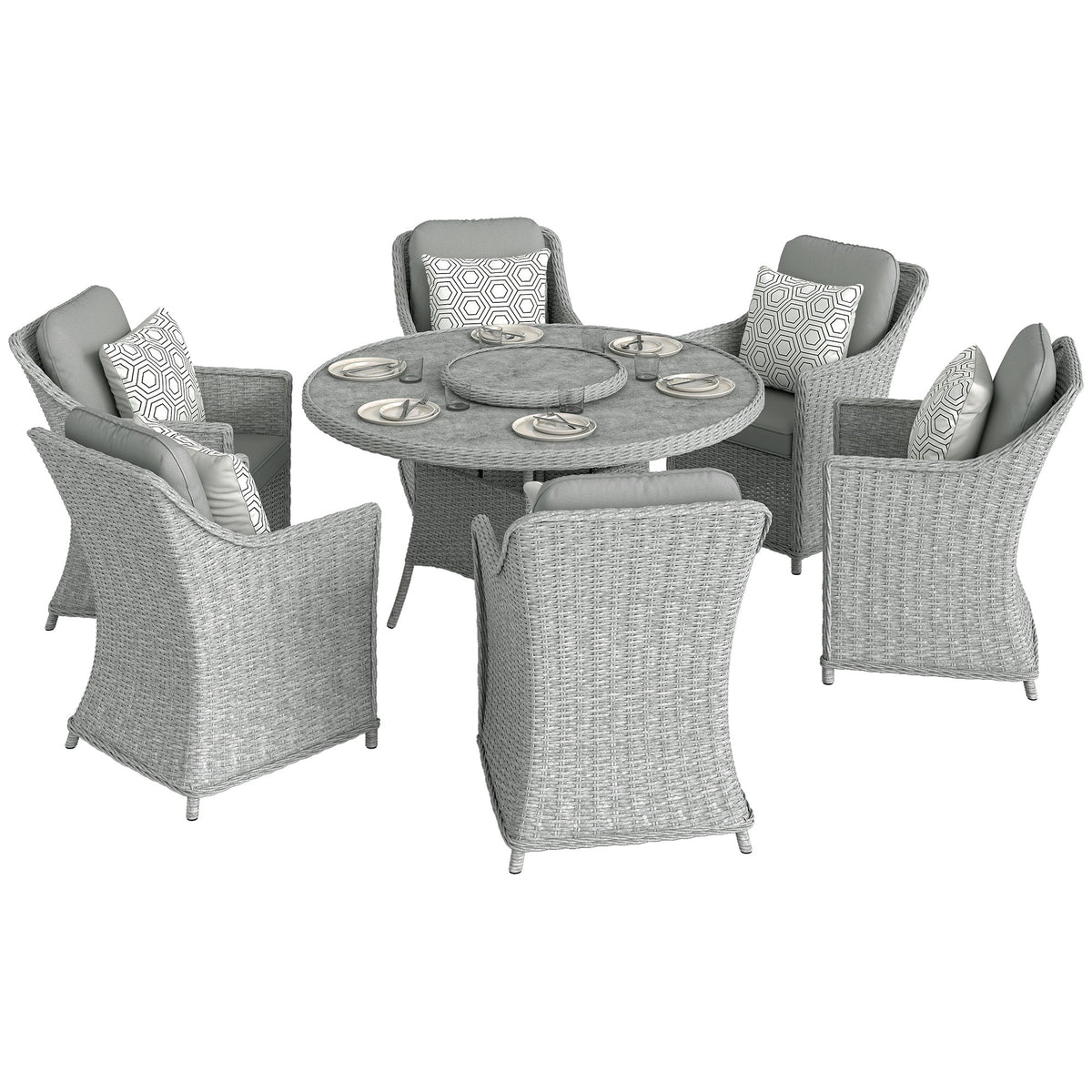 Ensemble repas en rotin 6 places avec plateau tournant Lazy Susan et table effet marbre, gris