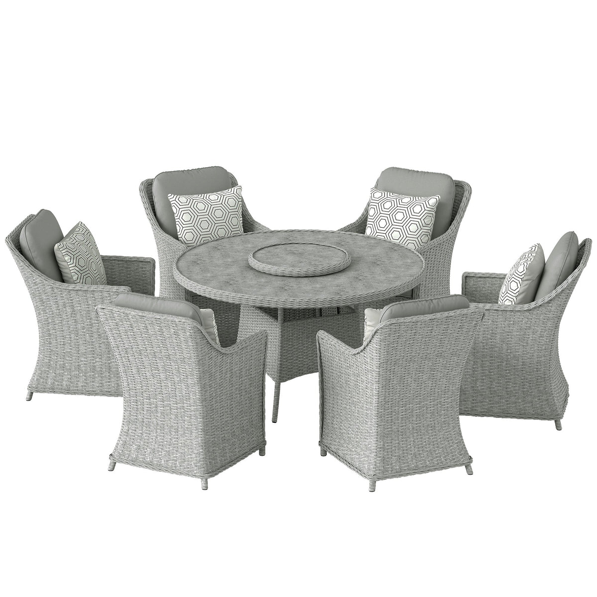 Ensemble repas en rotin 6 places avec plateau tournant Lazy Susan et table effet marbre, gris