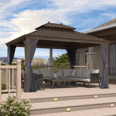 PURPLE LEAF – Pavillon extérieur à toit rigide pour terrasse, structure en aluminium bronze avec rideau bleu marine