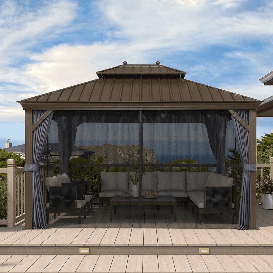 PURPLE LEAF – Pavillon extérieur à toit rigide pour terrasse, structure en aluminium bronze avec rideau bleu marine