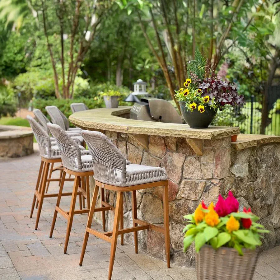 PURPLE LEAF – Lot de 4 tabourets de bar extérieurs en aluminium avec dossier, rotin tressé moderne style bohème pour jardin et piscine