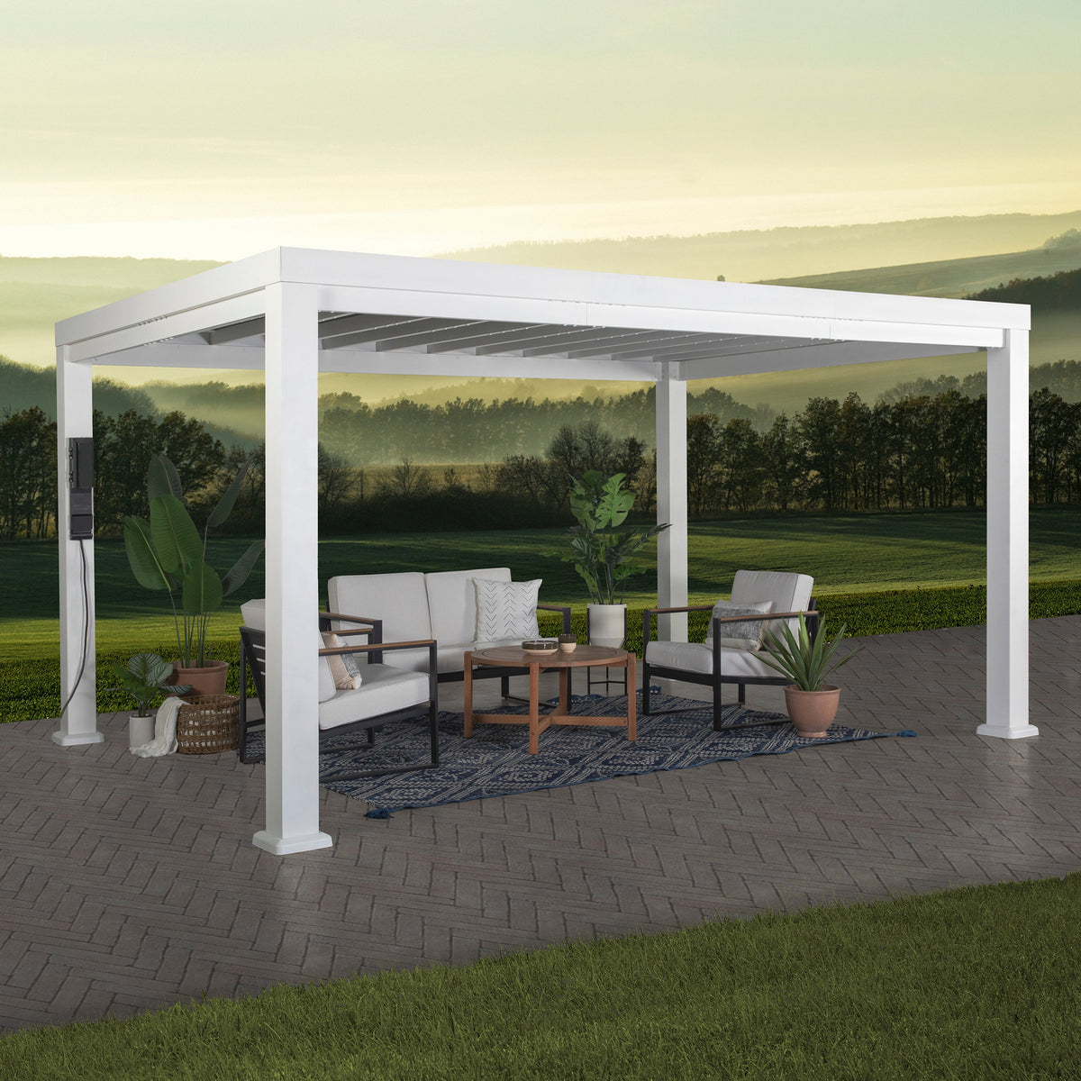 Windham 14x12 – Pergola moderne en acier avec toile d’ombrage souple