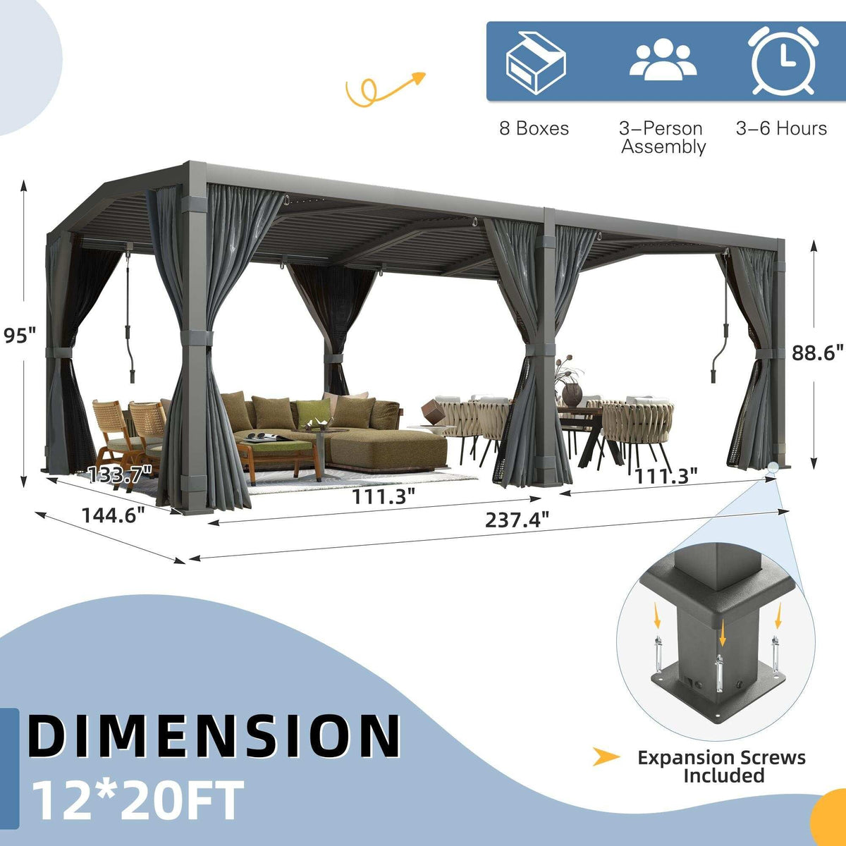 Pergola à lames orientables 12X20, structure en aluminium gris foncé avec toit réglable étanche à la pluie, rideaux imperméables et moustiquaires