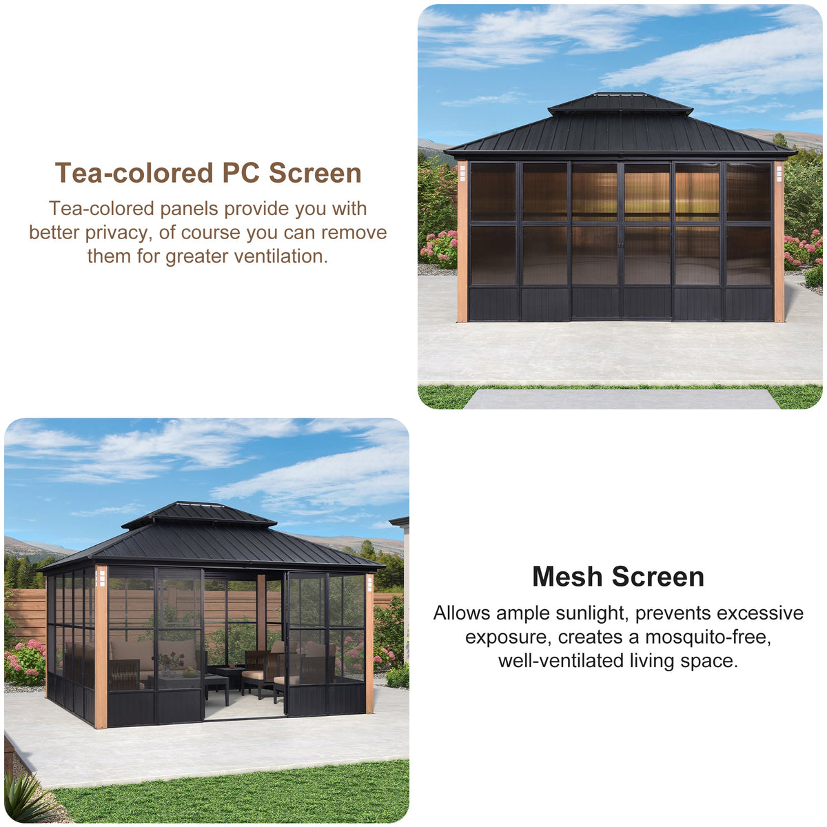 PURPLE LEAF – Pavillon-solarium à toit rigide avec colonnes effet bois, structure noire, double toit en acier galvanisé et guirlande lumineuse