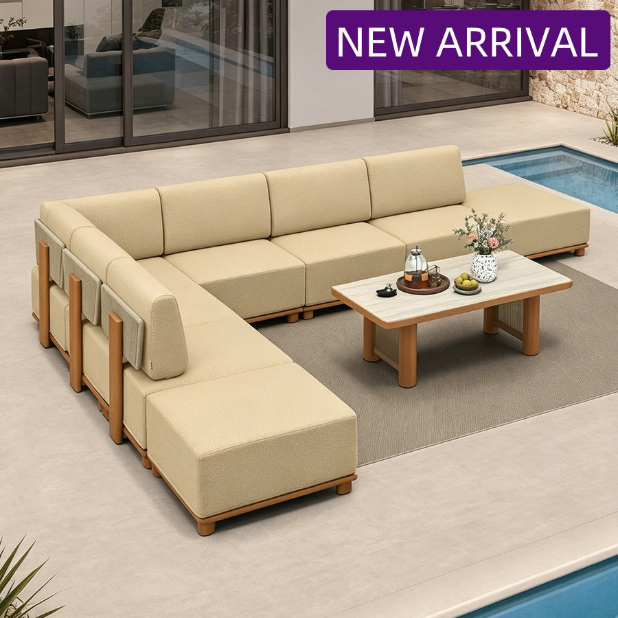 PURPLE LEAF Breck – Canapé d’angle extérieur modulaire en L avec table, structure en aluminium effet bois et coussins épais coloris Teak