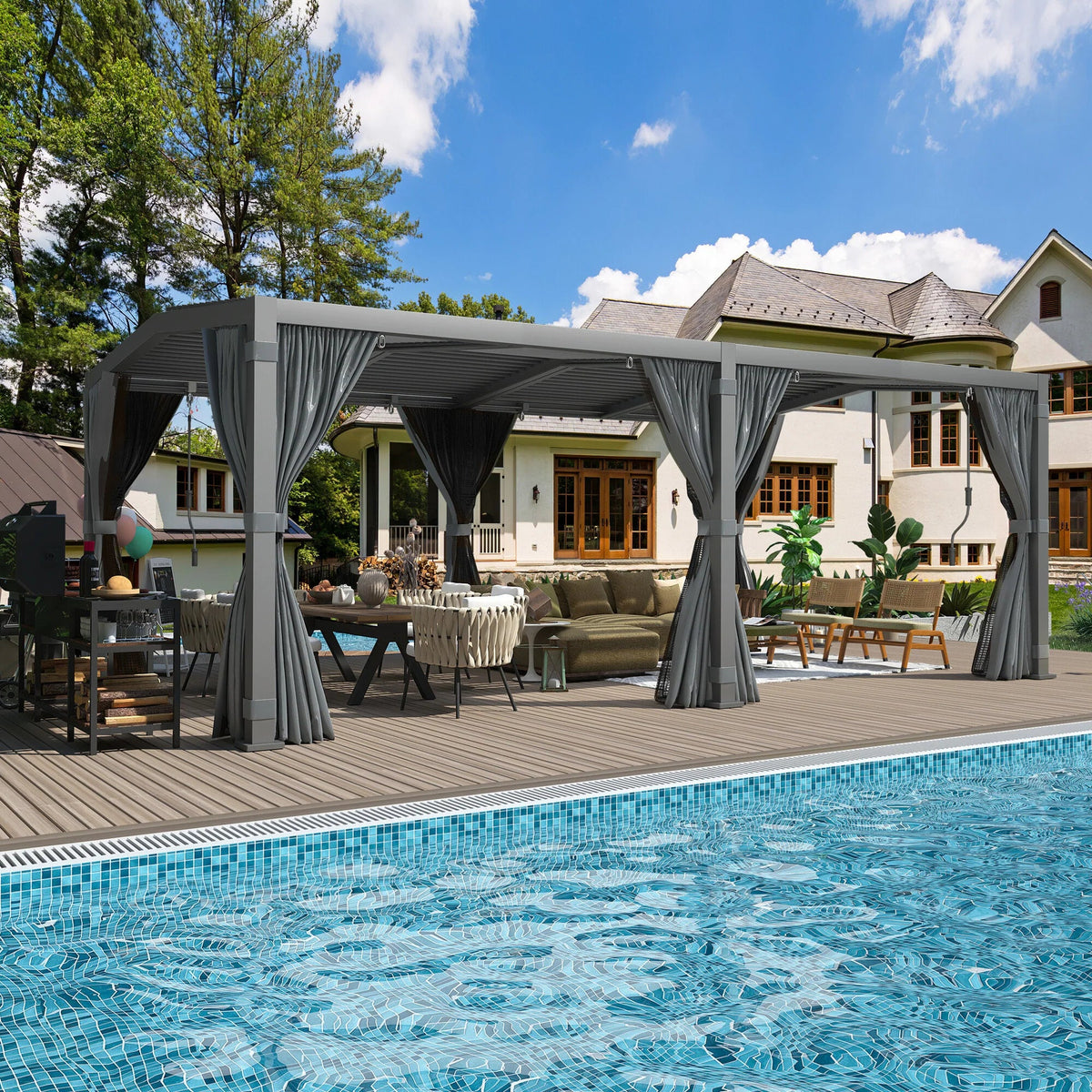 Pergola à lames orientables 12X20, structure en aluminium gris foncé avec toit réglable étanche à la pluie, rideaux imperméables et moustiquaires