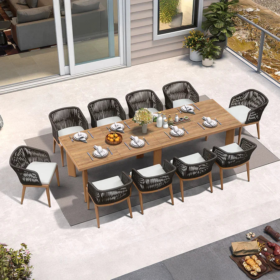 PURPLE LEAF – Ensemble repas de terrasse avec coussins en tissu Sunbrella, table en aluminium et résine tressée toutes saisons