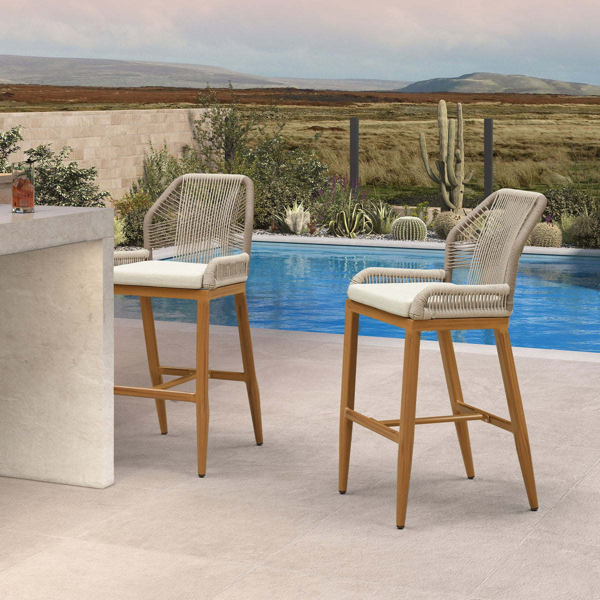 PURPLE LEAF – Tabourets de bar hauteur comptoir en rotin avec dossier et structure moderne en aluminium tressé pour terrasse, jardin ou intérieur