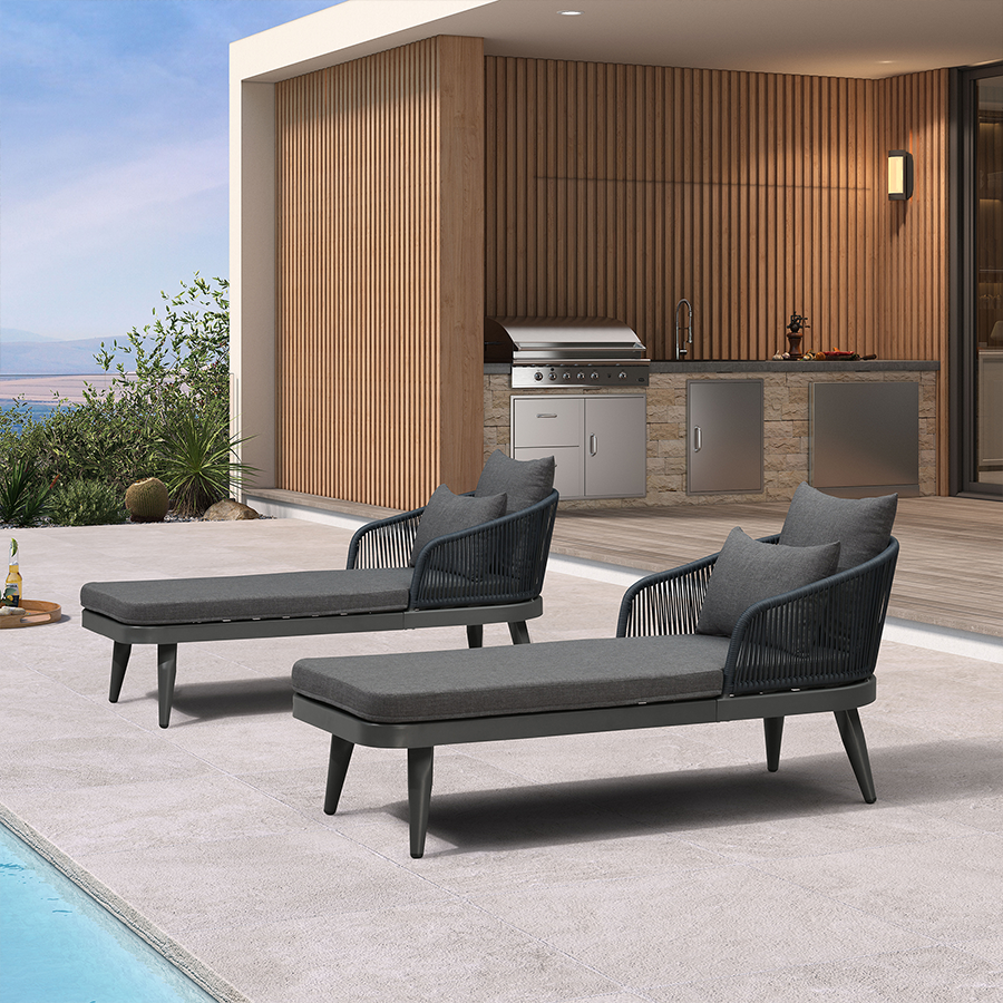 PURPLE LEAF – Chaise longue extérieure avec coussin épais, structure en aluminium, oreiller, soutien lombaire et accoudoirs en résine tressée, toutes saisons