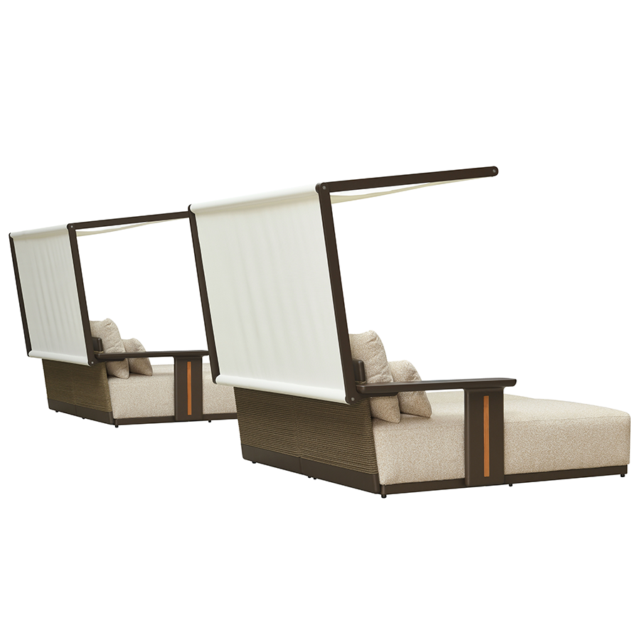 PURPLE LEAF – Double chaise longue extérieure haut de gamme en aluminium Premium avec accoudoirs finition teck, 4 oreillers et auvent en Textilene