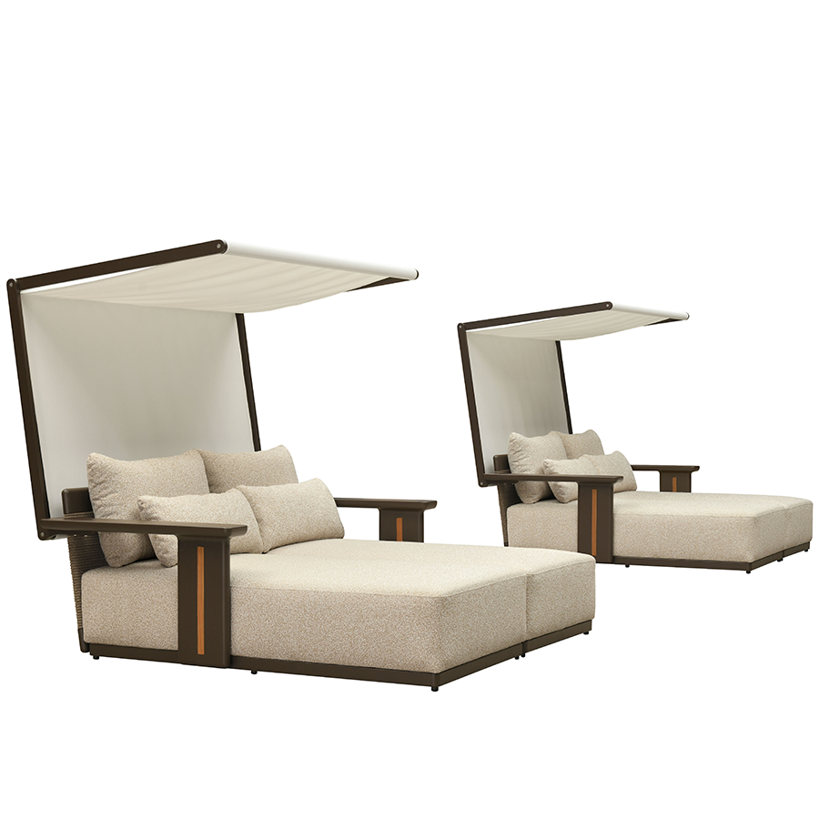 PURPLE LEAF – Double chaise longue extérieure haut de gamme en aluminium Premium avec accoudoirs finition teck, 4 oreillers et auvent en Textilene