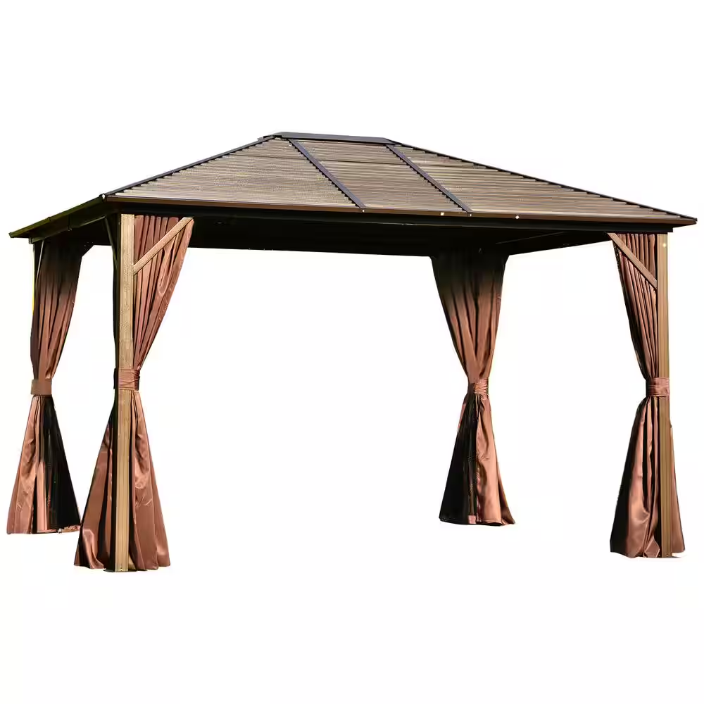 Pavillon en acier à toit rigide 12 Ft. X 10 Ft. avec rideaux zippés entièrement fermants et intérieur spacieux, marron