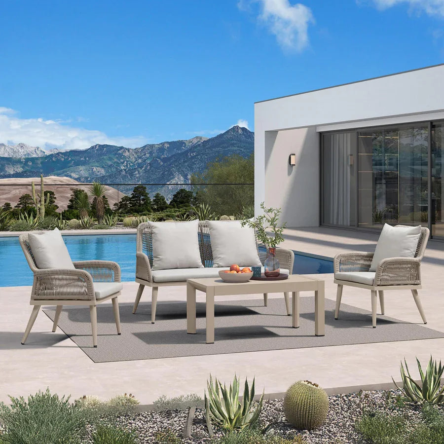 PURPLE LEAF Rivra – Ensemble salon de terrasse 4 pièces avec fauteuils en résine tressée et coussins épais pour jardin
