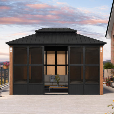 PURPLE LEAF – Pavillon-solarium à toit rigide avec colonnes effet bois, structure noire, double toit en acier galvanisé et guirlande lumineuse