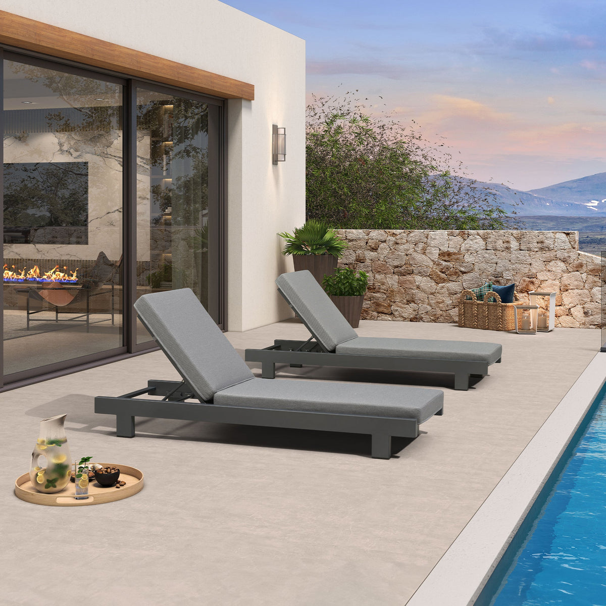 PURPLE LEAF – Lit de repos extérieur Standard avec coussin, tissu mélangé oléfine et structure en aluminium pour terrasse et piscine