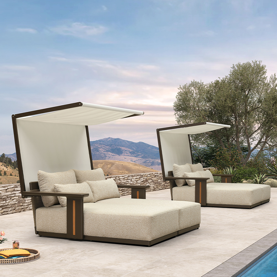 PURPLE LEAF – Double chaise longue extérieure haut de gamme en aluminium Premium avec accoudoirs finition teck, 4 oreillers et auvent en Textilene