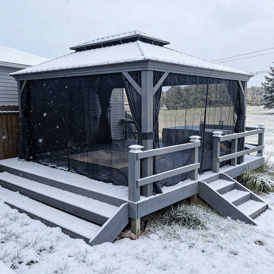 PURPLE LEAF – Pavillon de terrasse pour piscine, toit rigide gris clair en acier galvanisé avec rideaux améliorés