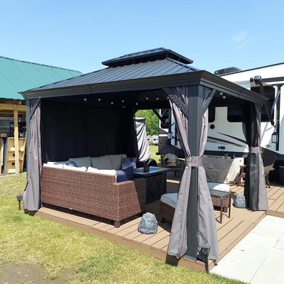 PURPLE LEAF – Pavillon de terrasse pour jardin, toit rigide gris en acier galvanisé avec rideau amélioré