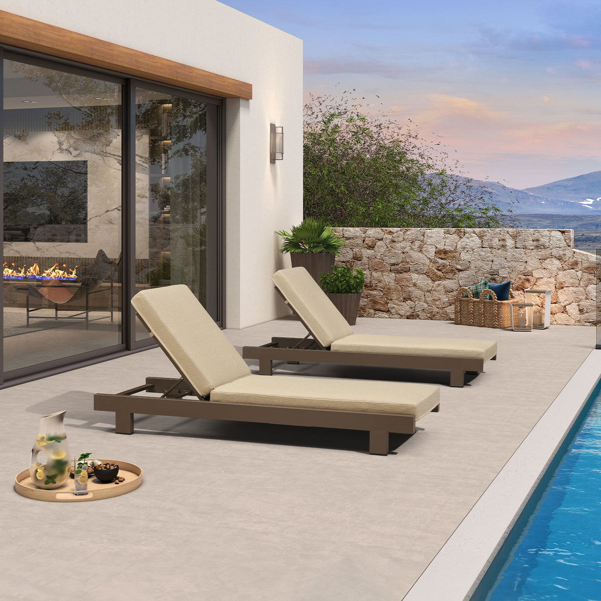 PURPLE LEAF – Lit de repos extérieur Standard avec coussin, tissu mélangé oléfine et structure en aluminium pour terrasse et piscine