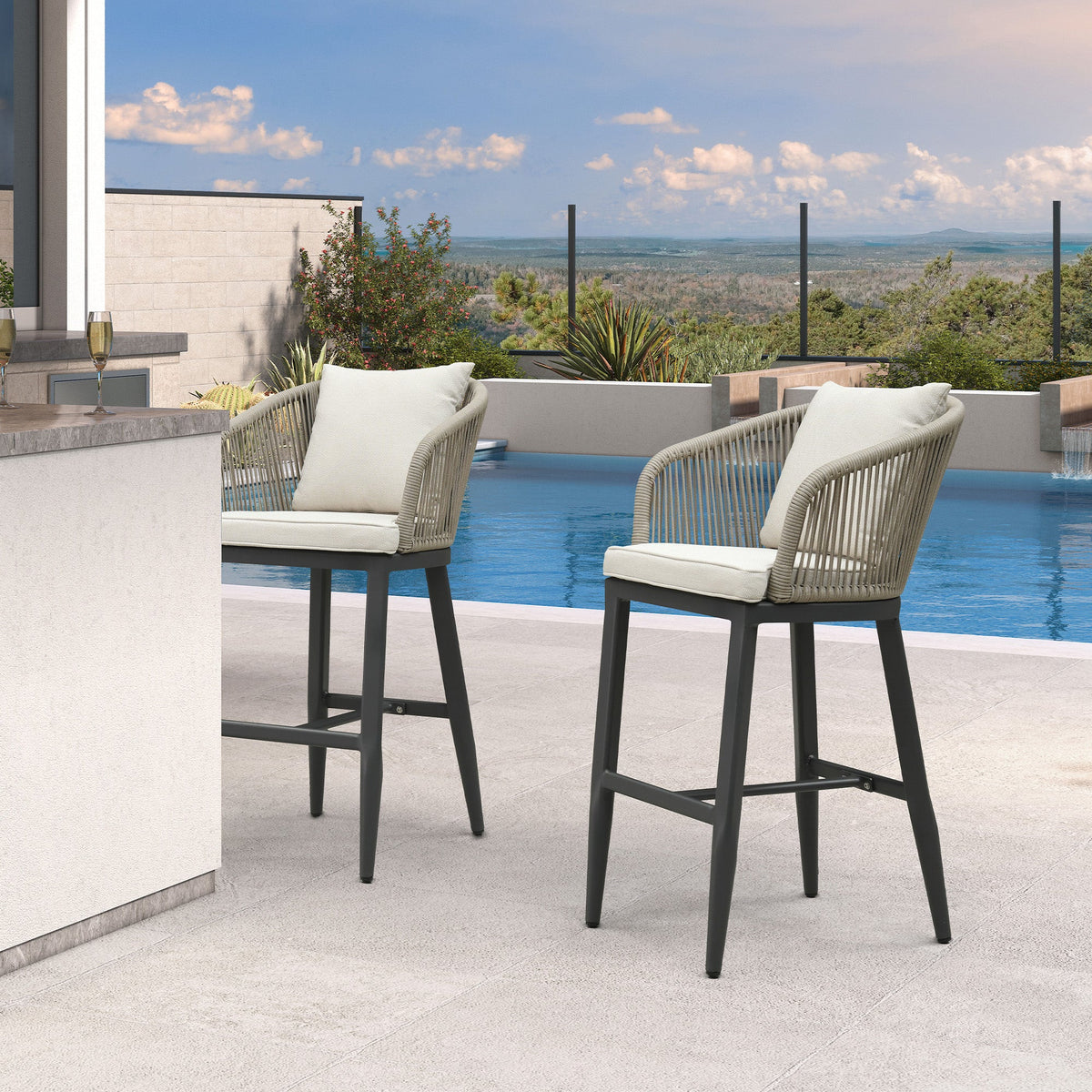 PURPLE LEAF – Tabourets de bar modernes extérieurs en aluminium et rotin avec dossier haut, accoudoirs, coussins et oreillers amovibles
