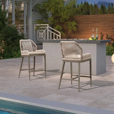 PURPLE LEAF – Lot de 4 tabourets de bar extérieurs en aluminium avec dossier, rotin tressé moderne style bohème pour jardin et piscine