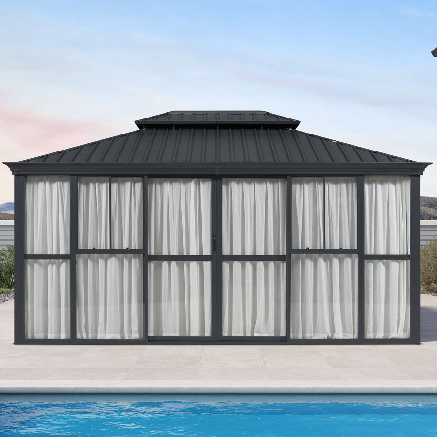 PURPLE LEAF – Solarium haut de gamme transparent 360° avec rideaux élégants, portes coulissantes et fenêtres sur 4 côtés