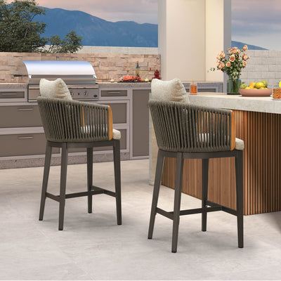 PURPLE LEAF Hailar – Tabouret de bar extérieur moderne en rotin avec dossier et coussin pour balcon, intérieur, extérieur ou îlot de cuisine