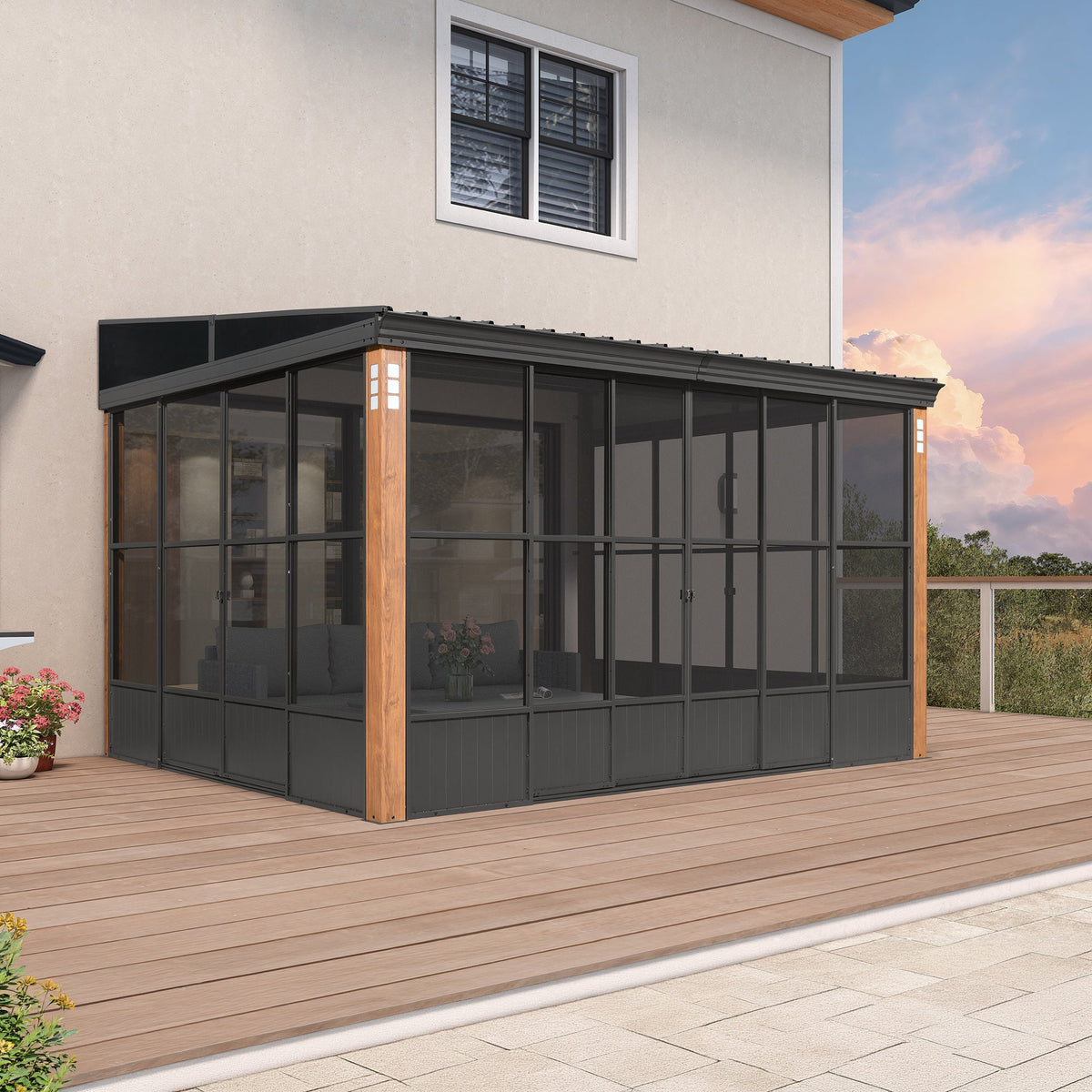 PURPLE LEAF – Solarium mural adossé avec toit incliné en acier galvanisé, structure fermée en aluminium gris et colonnes effet bois