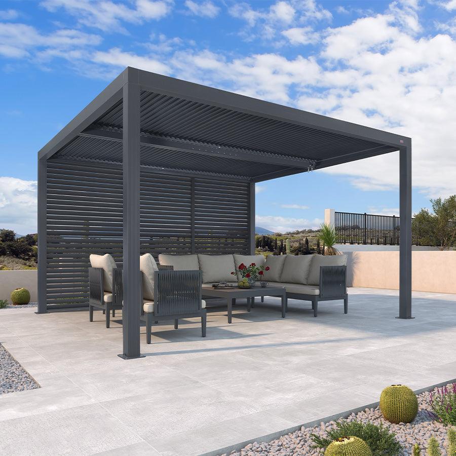 PURPLE LEAF Athena – Pergola extérieure grise en aluminium à lames orientables avec paroi à volets, réglable et étanche à la pluie