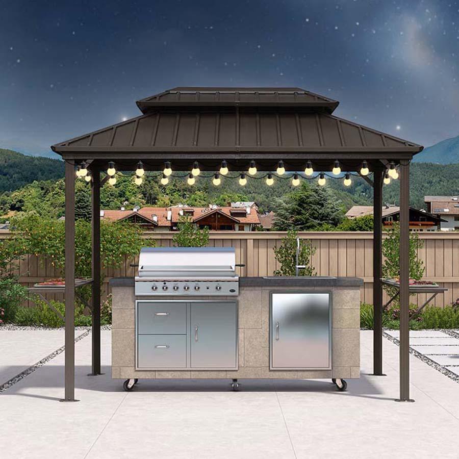 PURPLE LEAF – Pavillon à toit rigide pour barbecue, toit métallique permanent bronze, auvent d’ombrage et guirlande lumineuse