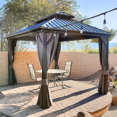 PURPLE LEAF – Pavillon de terrasse pour jardin, toit rigide gris en acier galvanisé avec rideau amélioré