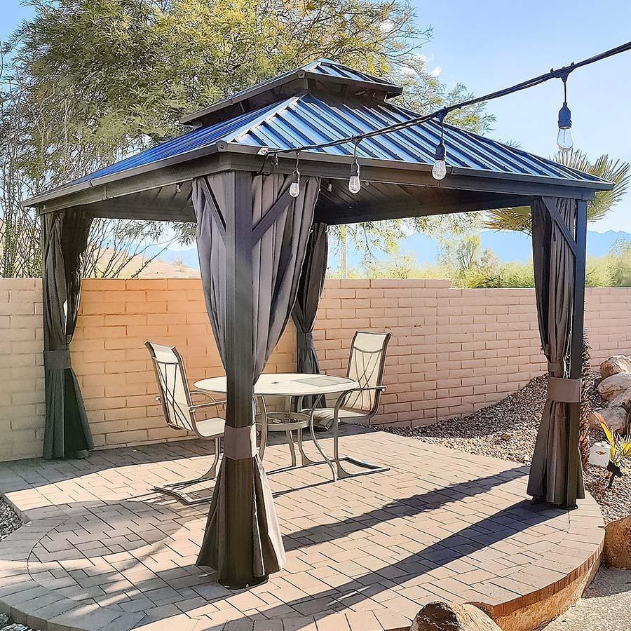 PURPLE LEAF – Pavillon de terrasse pour jardin, toit rigide gris en acier galvanisé avec rideau amélioré